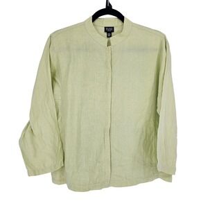 Eileen Fisher Linen Mandarin Collar Button Up Top PM Lime Green Lagenlook
